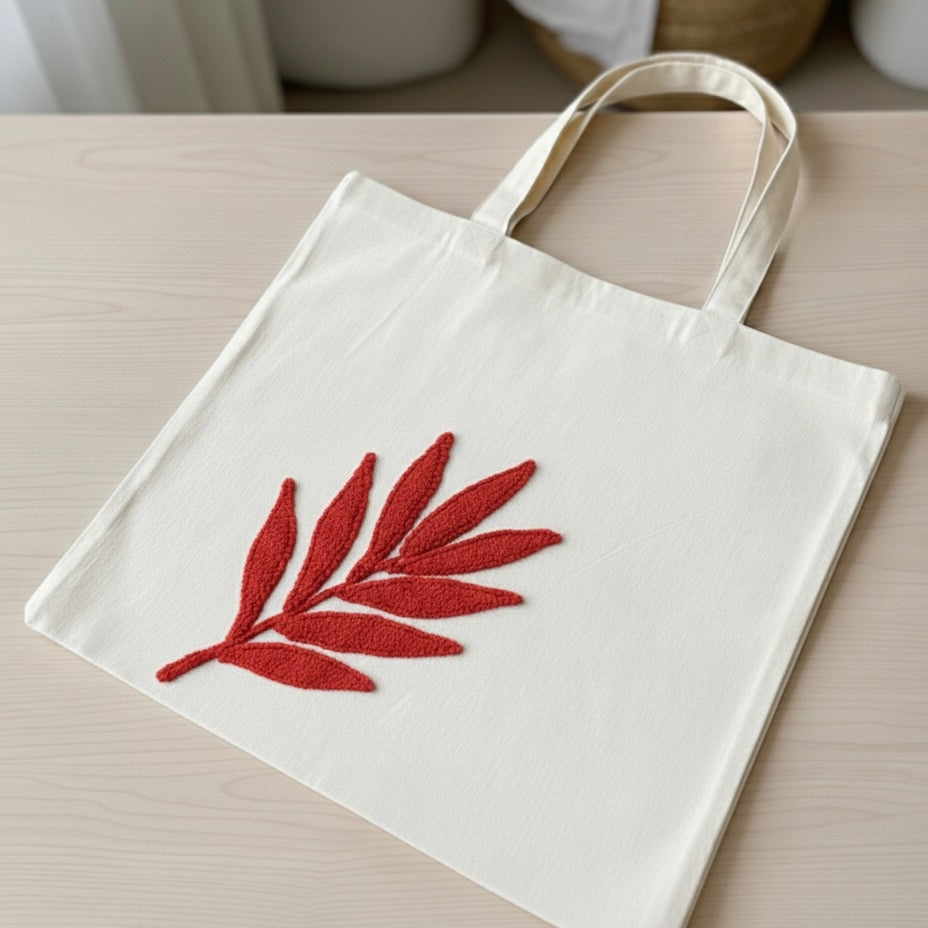 Rustic Leaf Embroidered Tote – Minimal & Earthy Style