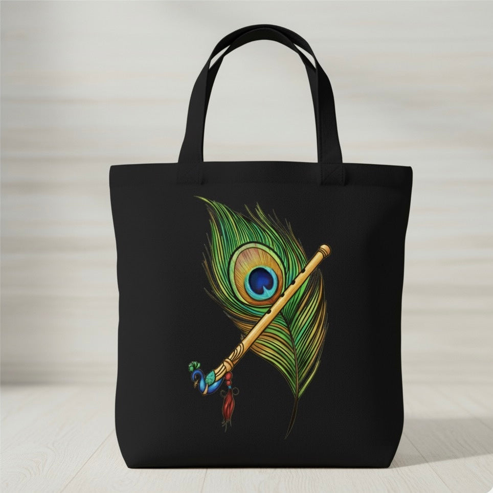 Krishna’s Grace – Peacock Feather & Flute Tote
