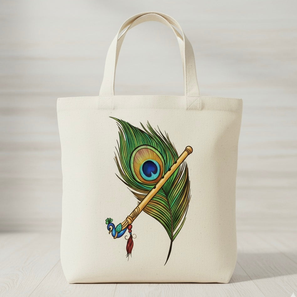 Krishna’s Grace – Peacock Feather & Flute Tote