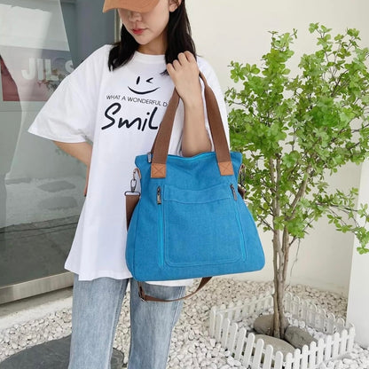 Denim Tote Bag With Multiple Compartments