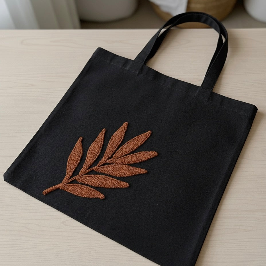Rustic Leaf Embroidered Tote – Minimal & Earthy Style