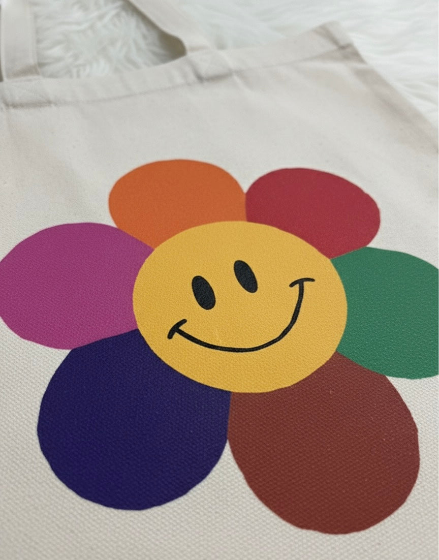 Smiley Flower Canvas Tote Bag | Customizable & Eco-Friendly