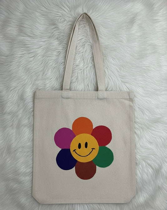 Smiley Flower Canvas Tote Bag | Customizable & Eco-Friendly