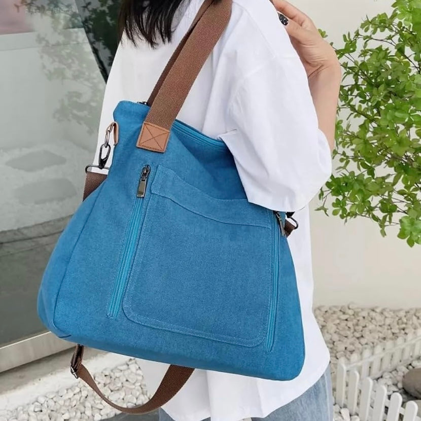 Denim Tote Bag With Multiple Compartments