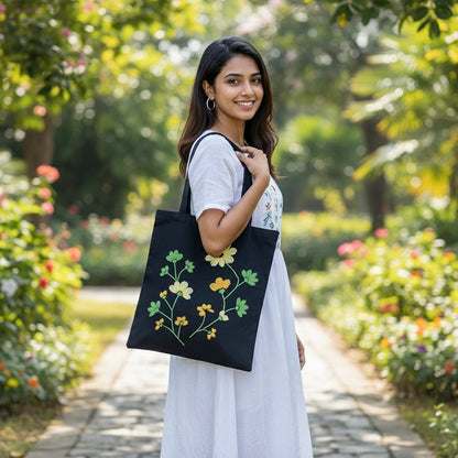 Hand-Embroidered Black Tote Bag