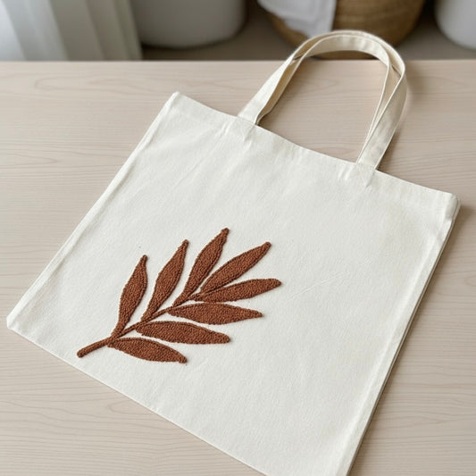 Rustic Leaf Embroidered Tote – Minimal & Earthy Style