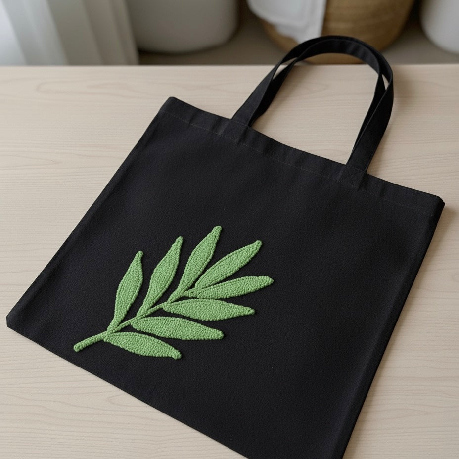 Rustic Leaf Embroidered Tote – Minimal & Earthy Style