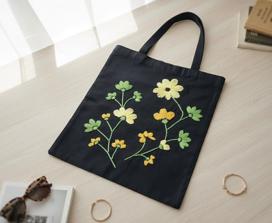Hand-Embroidered Black Tote Bag