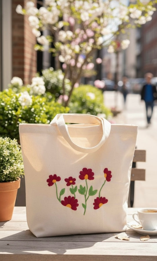 🌸Cotton Canvas Tote Bag with Floral Thread Work Embroidery