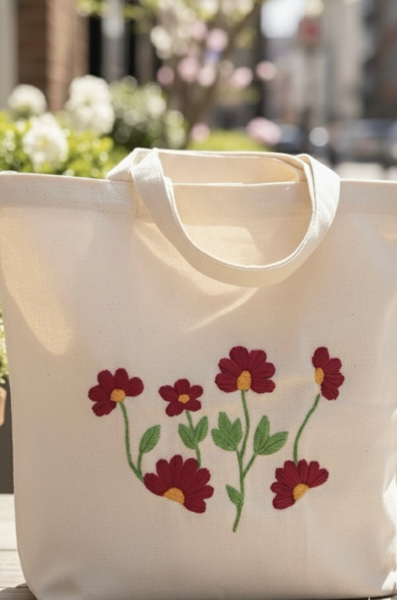 🌸Cotton Canvas Tote Bag with Floral Thread Work Embroidery