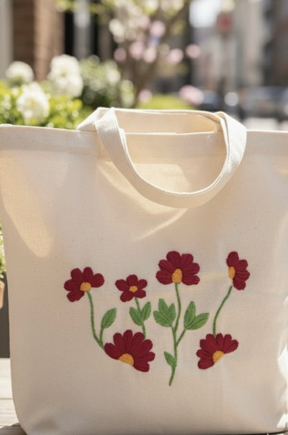 🌸Cotton Canvas Tote Bag with Floral Thread Work Embroidery