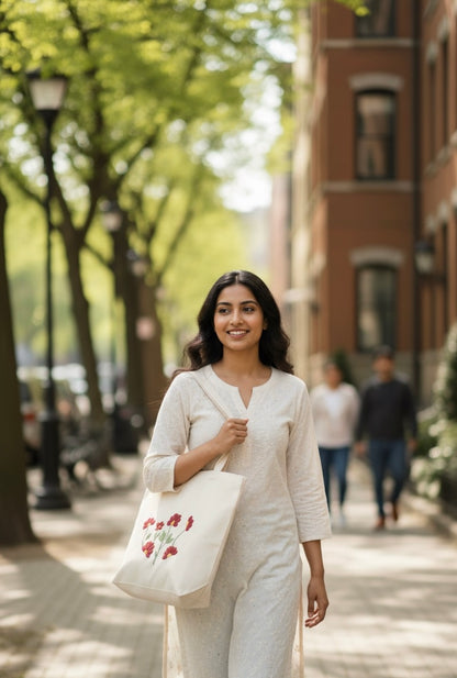 🌸Cotton Canvas Tote Bag with Floral Thread Work Embroidery