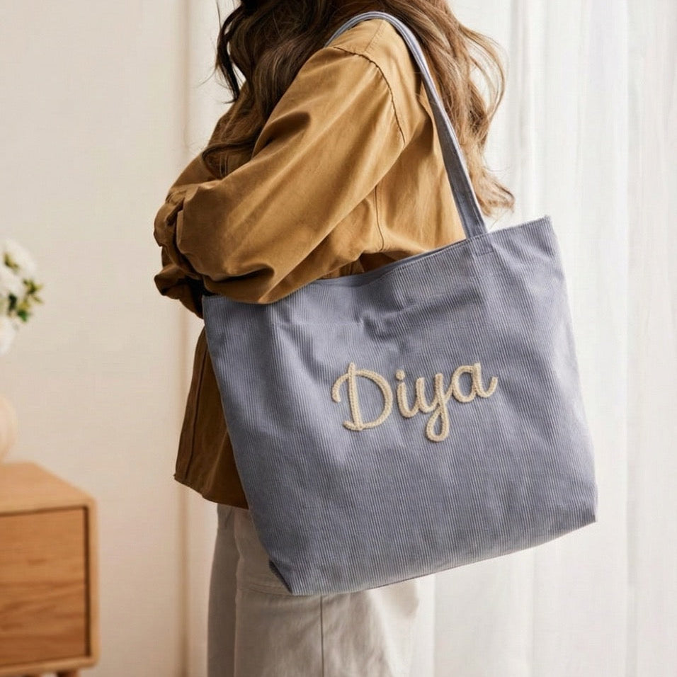Handmade Corduroy Tote Bag Custom Embroidered Minimal Tote, Aesthetic Everyday Shoulder Bag, Gift for Her