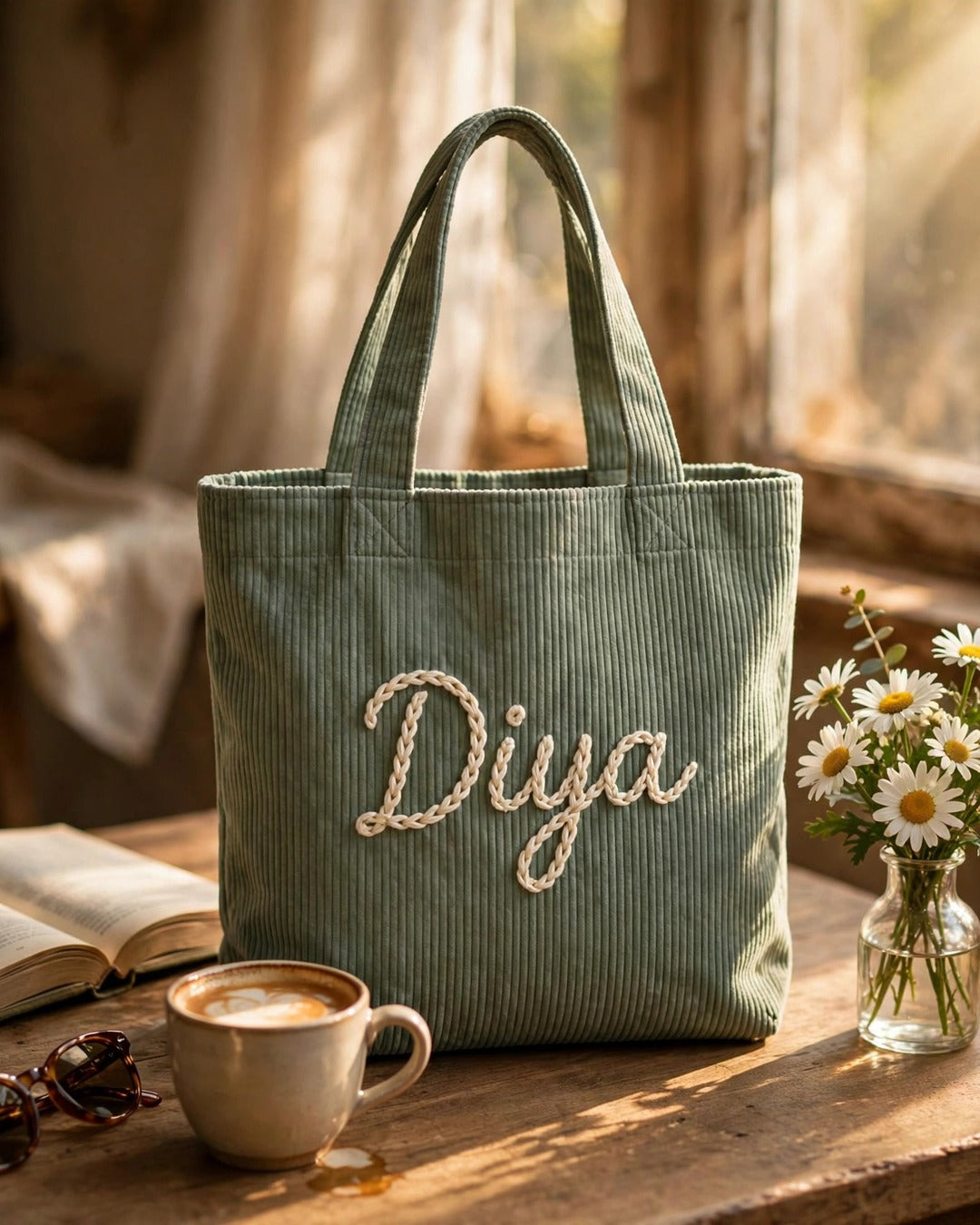 Sage green corduroy tote bag with the name Diya hand-embroidered on a cafe table
