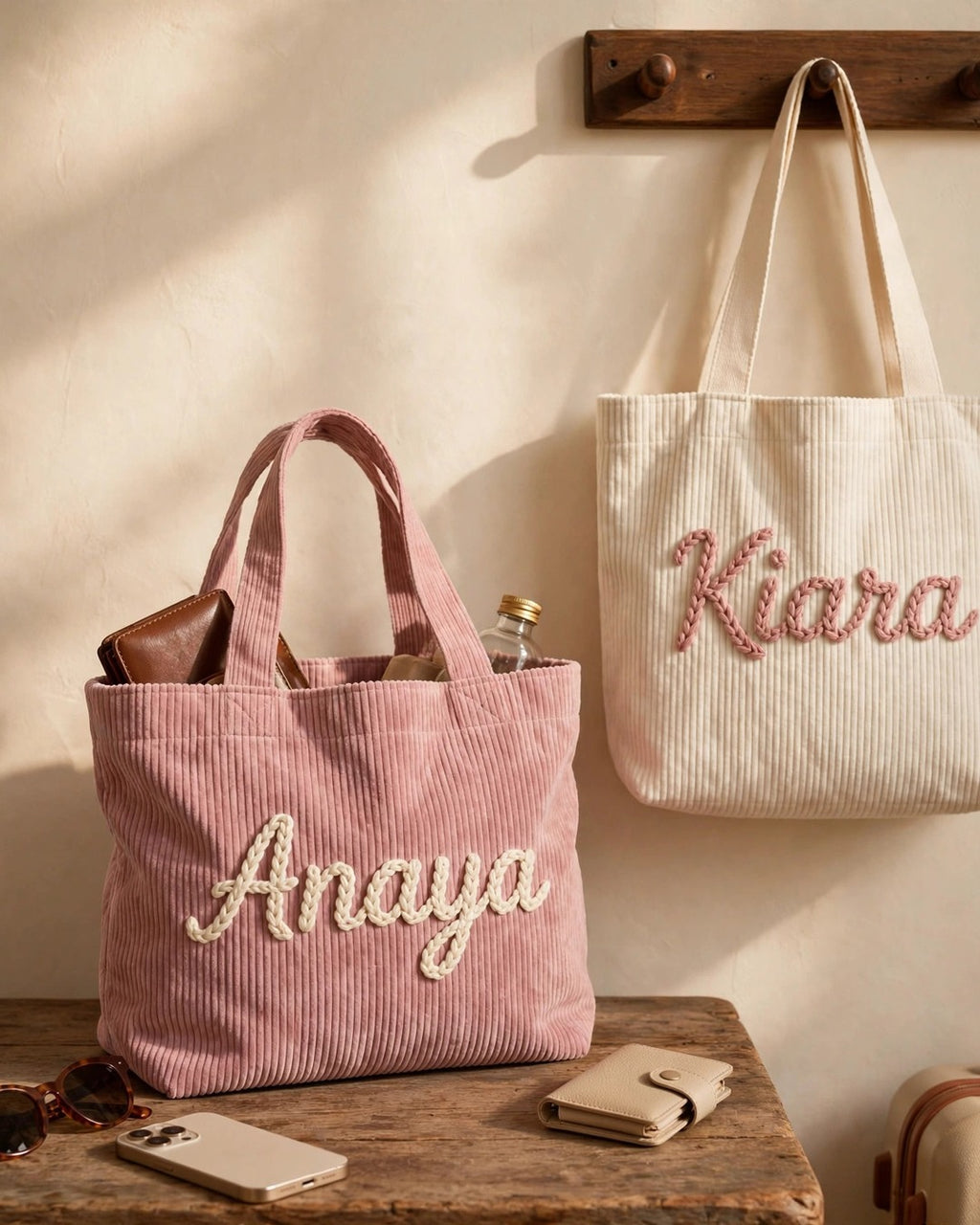 Corduroy tote bags with hand-embroidered names Anaya and Kiara in warm sunlight