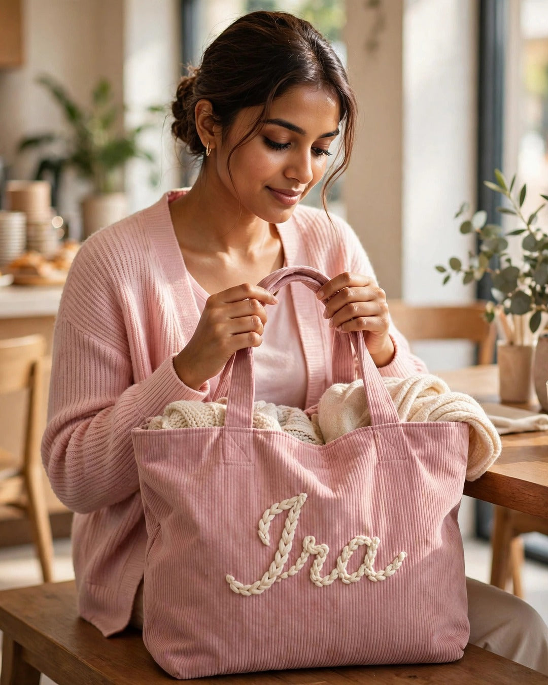 Woman holding a pink corduroy tote bag with the name Ira hand-embroidered