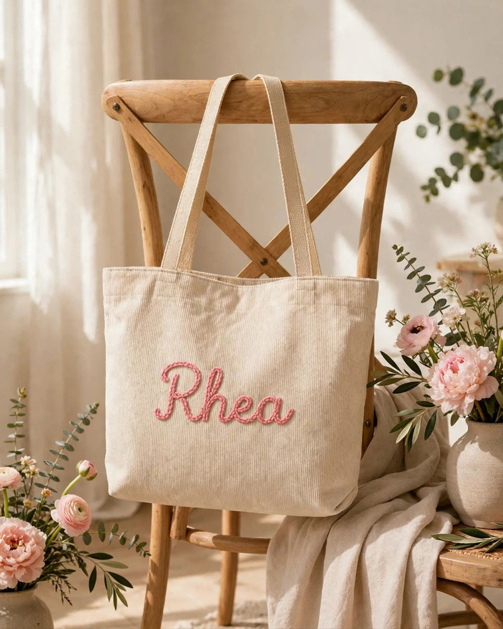 Custom Name Embroidered Corduroy Tote Bag – styled lifestyle