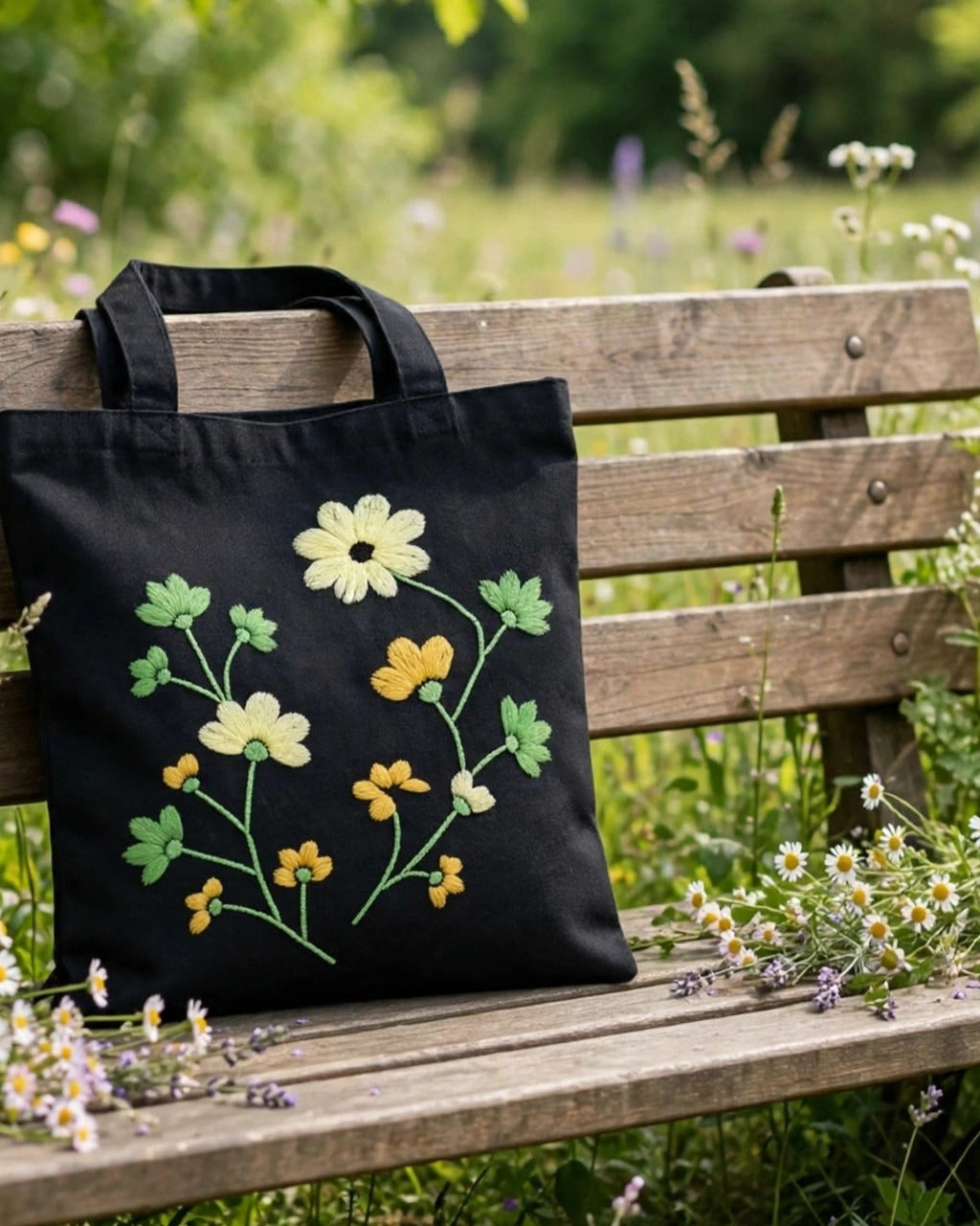 Wildflower Meadow Embroidered Tote Bag – styled lifestyle
