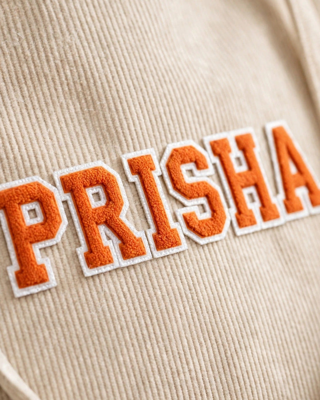 Custom Varsity Letter Corduroy Tote Bag – Cream & Orange – embroidery close-up