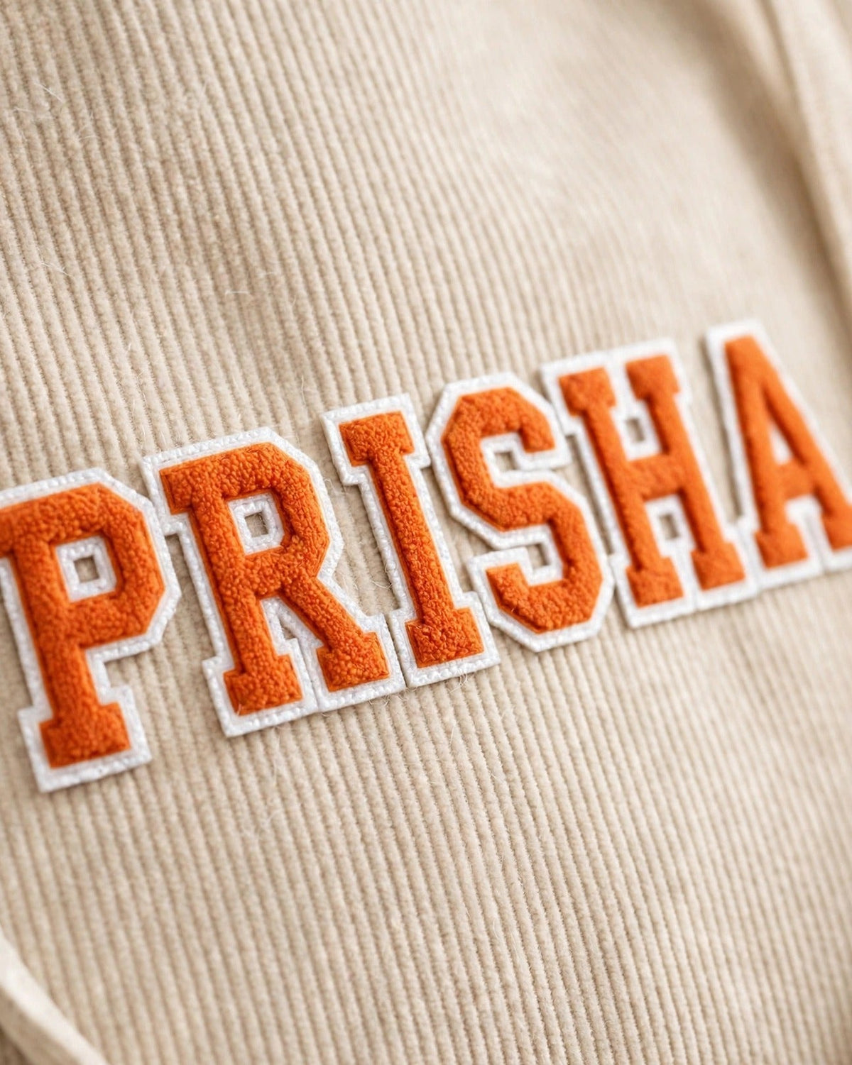 Custom Varsity Letter Corduroy Tote Bag – Cream & Orange – embroidery close-up