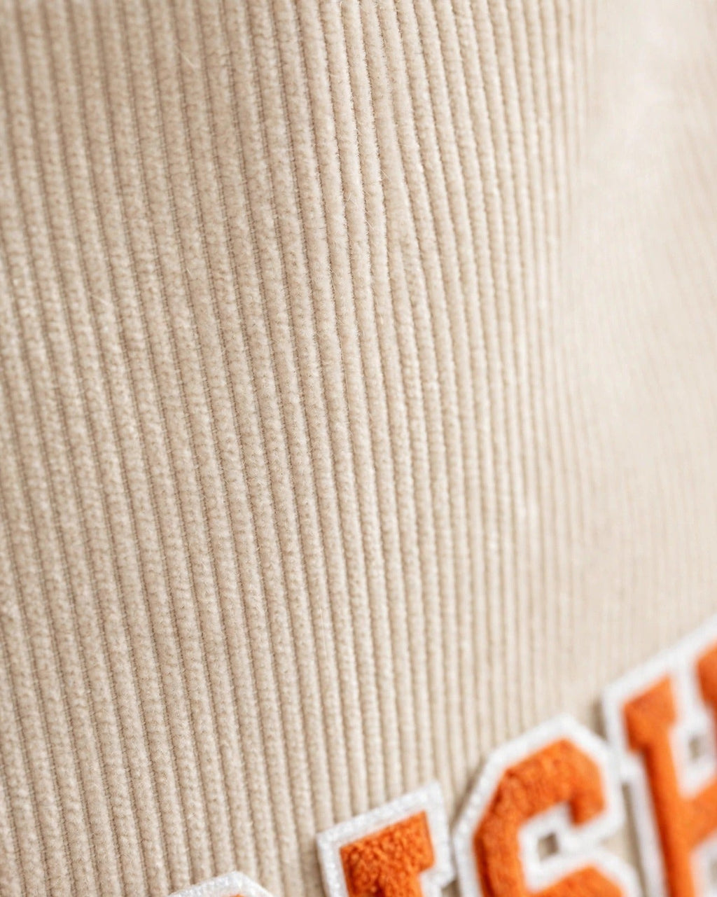 Custom Varsity Letter Corduroy Tote Bag – Cream & Orange – fabric texture close-up