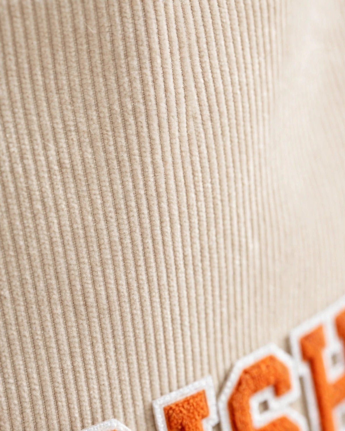 Custom Varsity Letter Corduroy Tote Bag – Cream & Orange – fabric texture close-up
