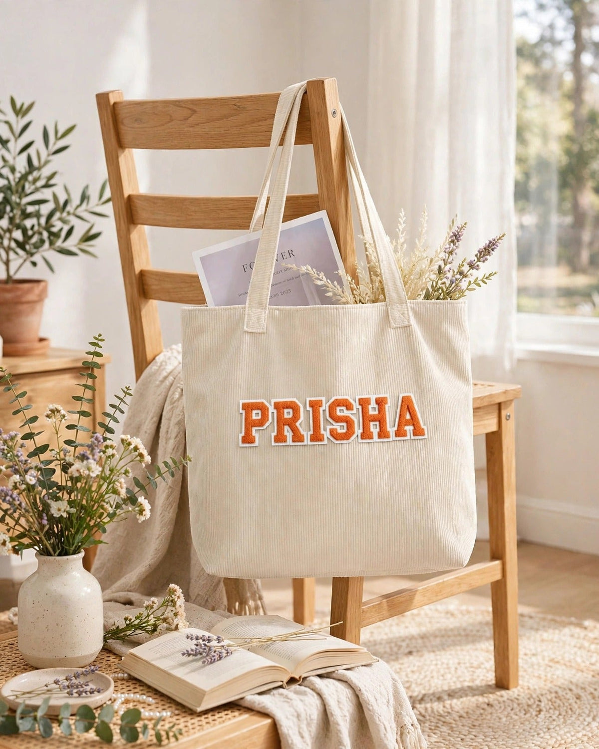 Custom Varsity Letter Corduroy Tote Bag – Cream & Orange – styled lifestyle