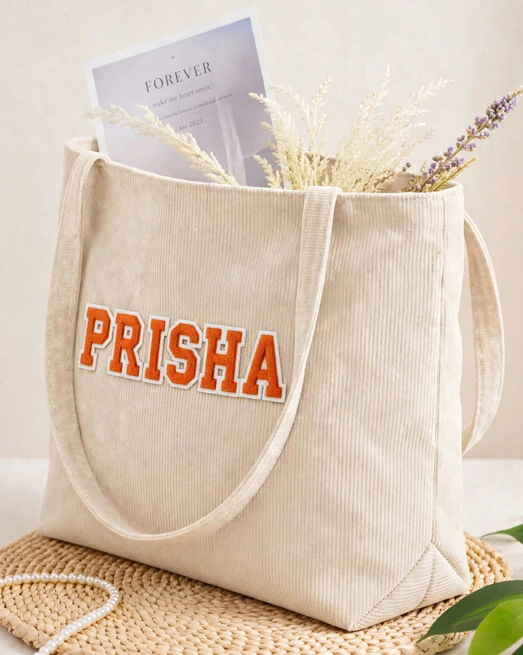 Custom Varsity Letter Corduroy Tote Bag – Cream & Orange – side view