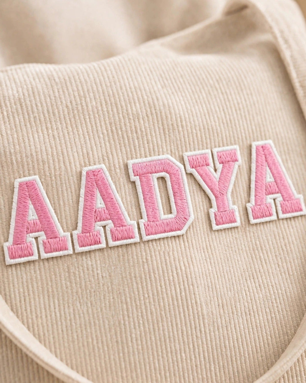 Custom Varsity Letter Corduroy Tote Bag – Beige & Pink – embroidery close-up