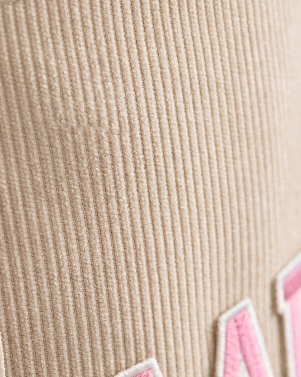 Custom Varsity Letter Corduroy Tote Bag – Beige & Pink – fabric texture close-up