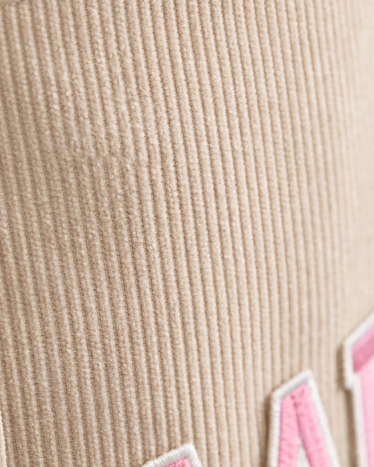 Custom Varsity Letter Corduroy Tote Bag – Beige & Pink – fabric texture close-up