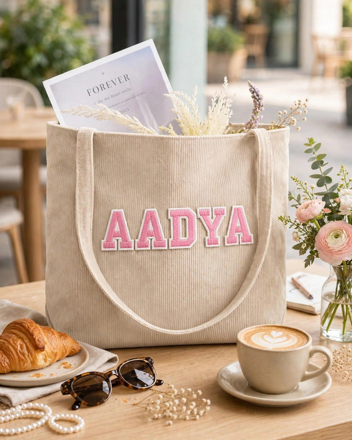 Custom Varsity Letter Corduroy Tote Bag – Beige & Pink – styled lifestyle