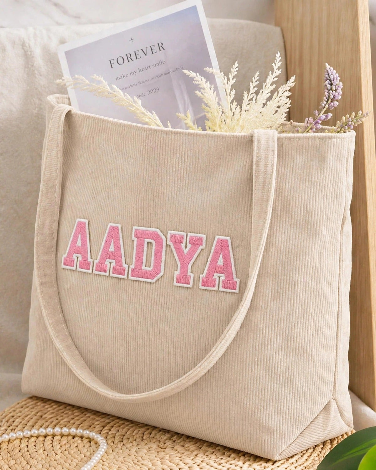Custom Varsity Letter Corduroy Tote Bag – Beige & Pink – side view