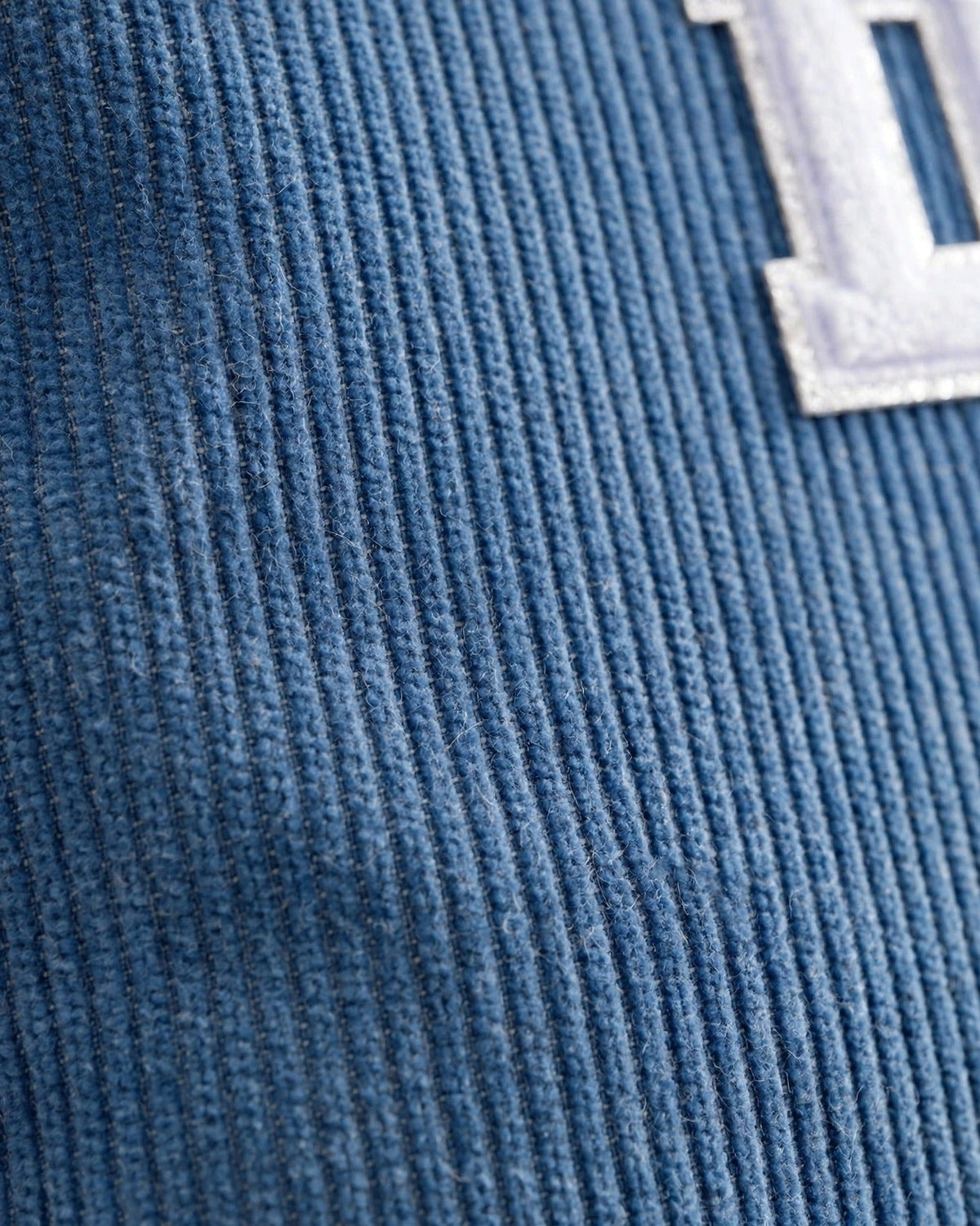 Custom Varsity Letter Corduroy Tote Bag – Denim & White – fabric texture close-up