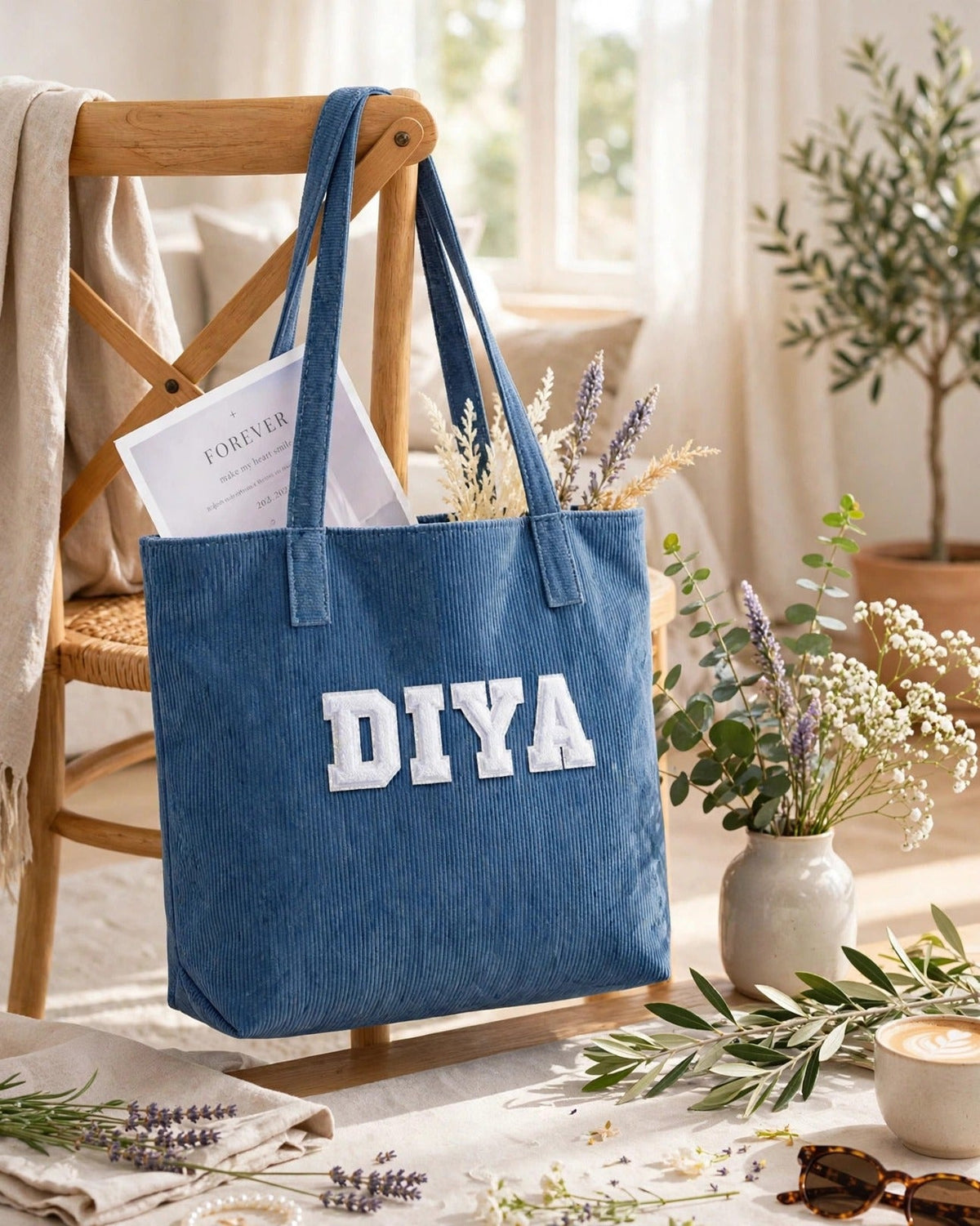 Custom Varsity Letter Corduroy Tote Bag – Denim & White – styled lifestyle