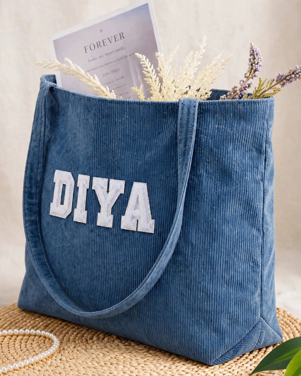 Custom Varsity Letter Corduroy Tote Bag – Denim & White – side view