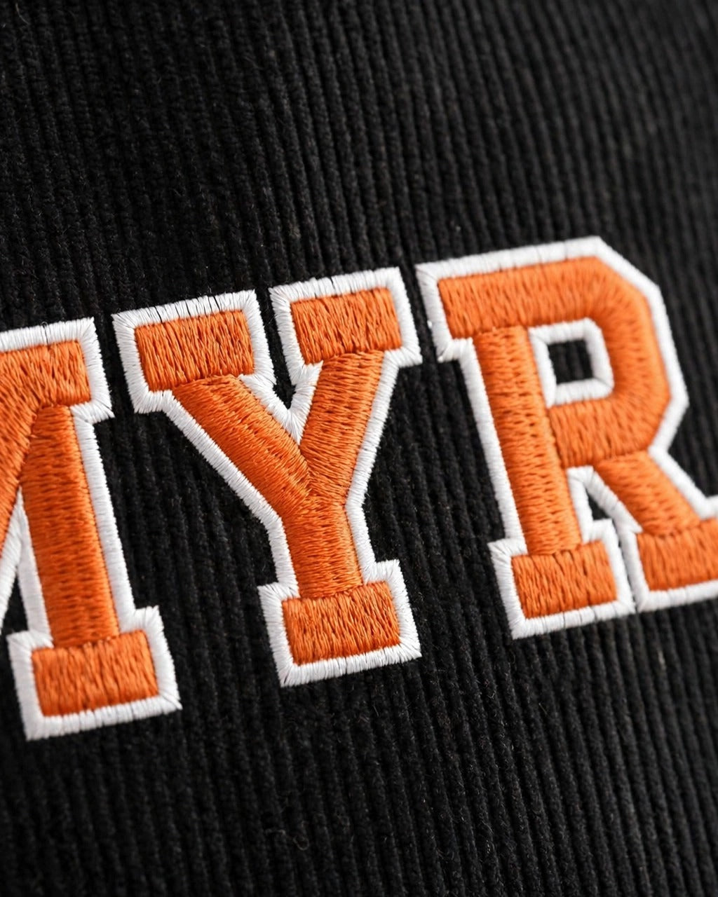 Custom Varsity Letter Corduroy Tote Bag – Black & Orange – embroidery close-up