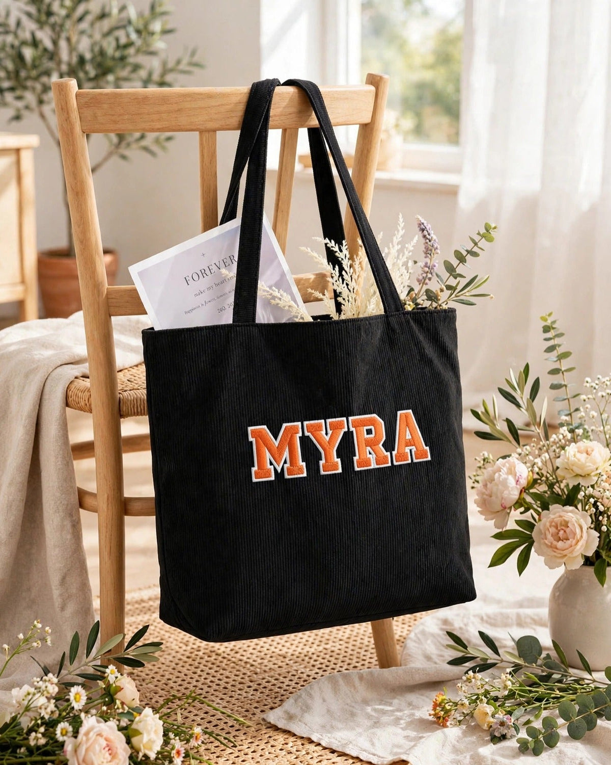 Custom Varsity Letter Corduroy Tote Bag – Black & Orange – styled lifestyle