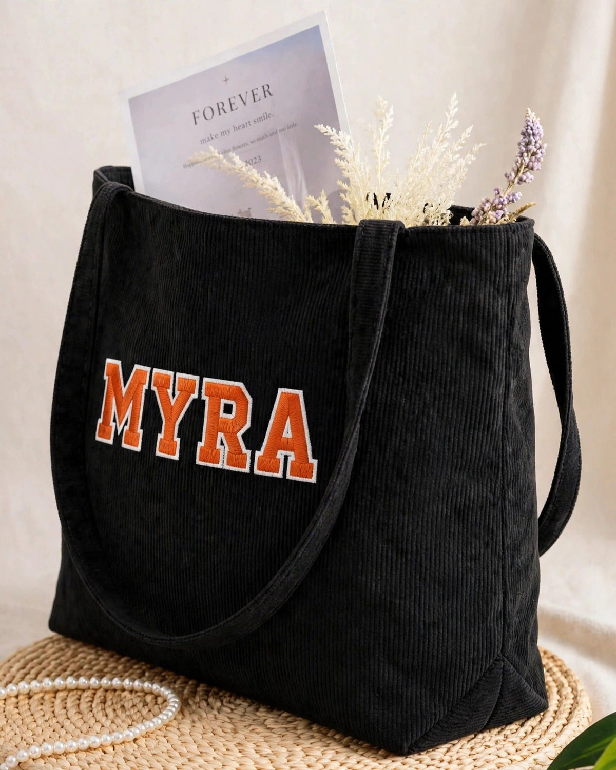 Custom Varsity Letter Corduroy Tote Bag – Black & Orange – side view