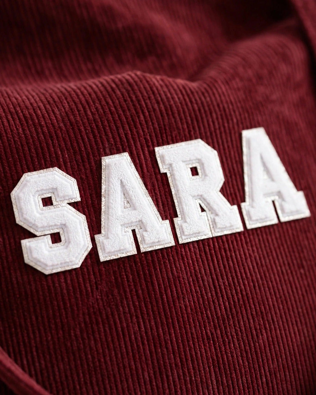 Custom Varsity Letter Corduroy Tote Bag – Maroon & White – embroidery close-up