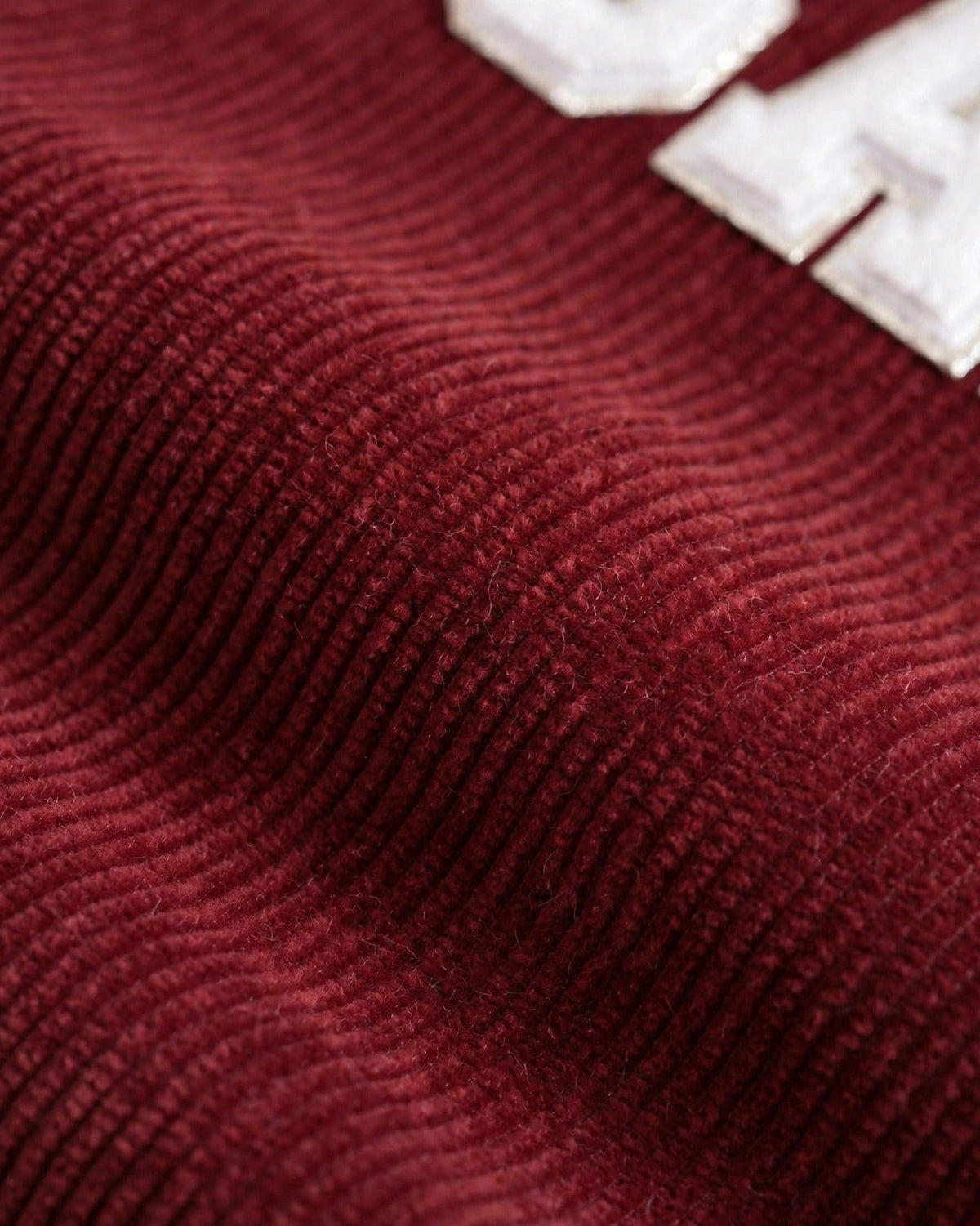 Custom Varsity Letter Corduroy Tote Bag – Maroon & White – fabric texture close-up