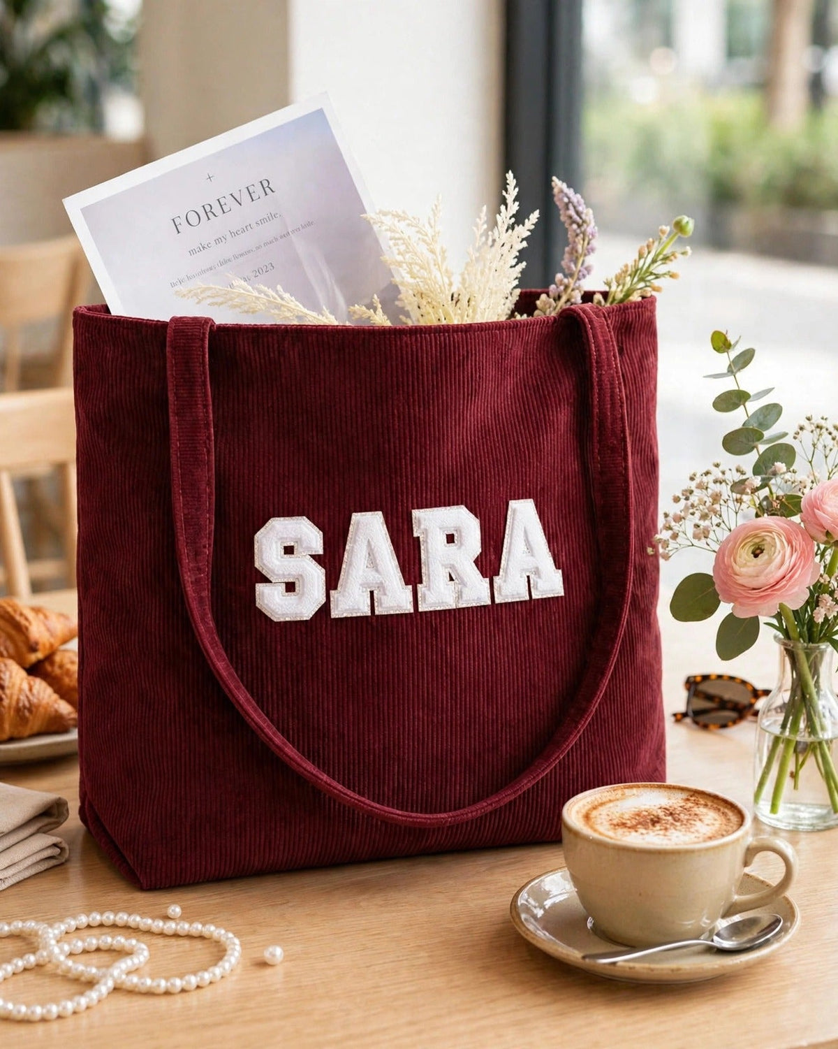 Custom Varsity Letter Corduroy Tote Bag – Maroon & White – styled lifestyle