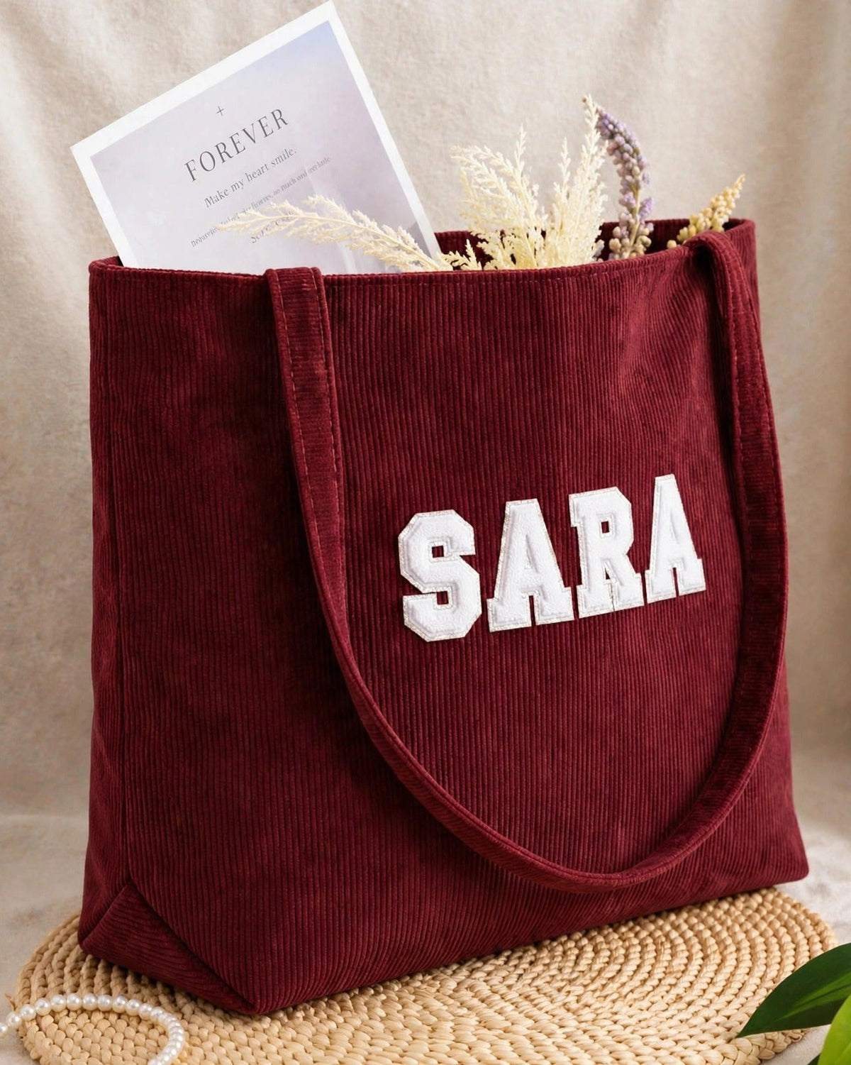 Custom Varsity Letter Corduroy Tote Bag – Maroon & White – side view
