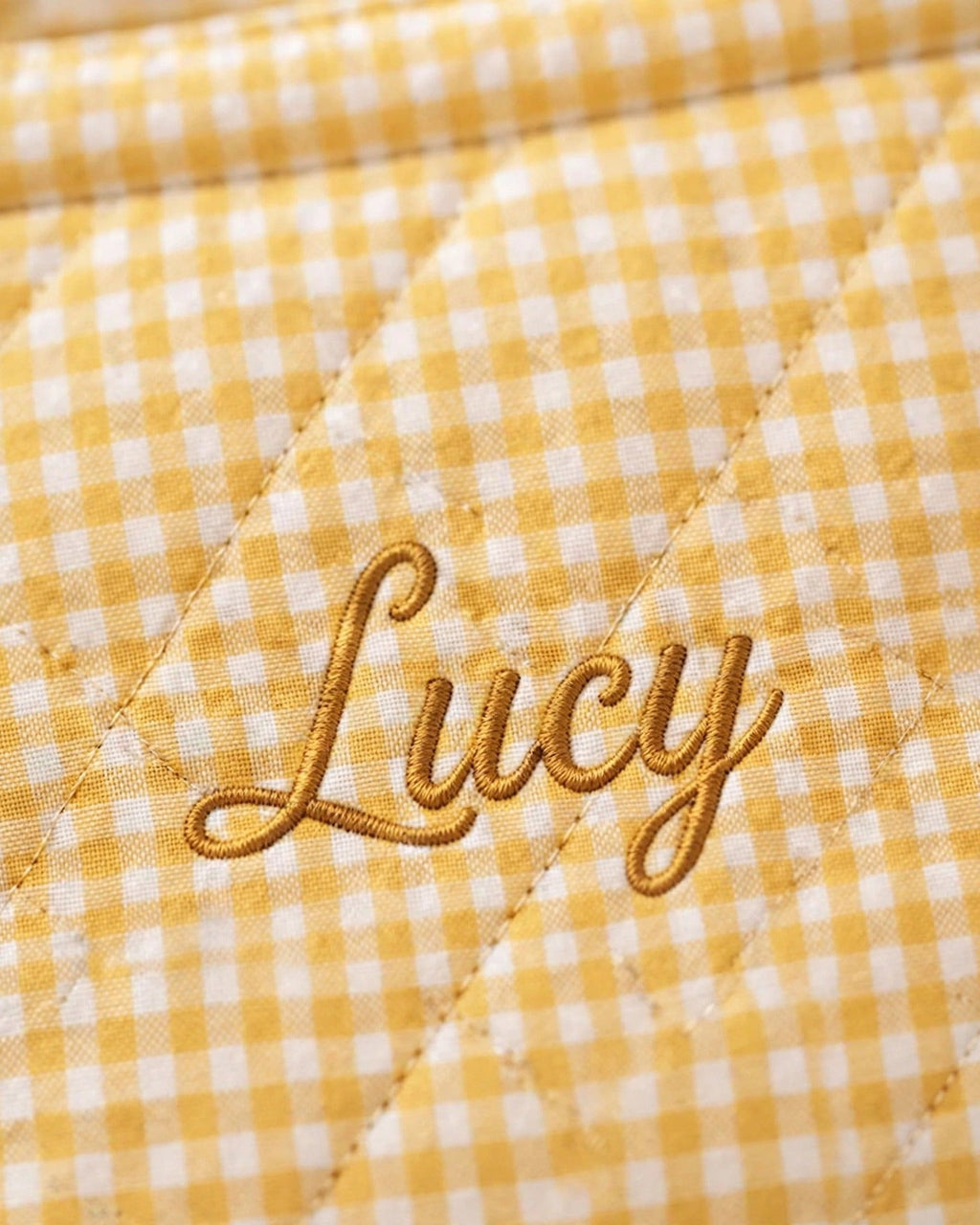 Custom Gingham Tote Bag – Yellow – embroidery close-up