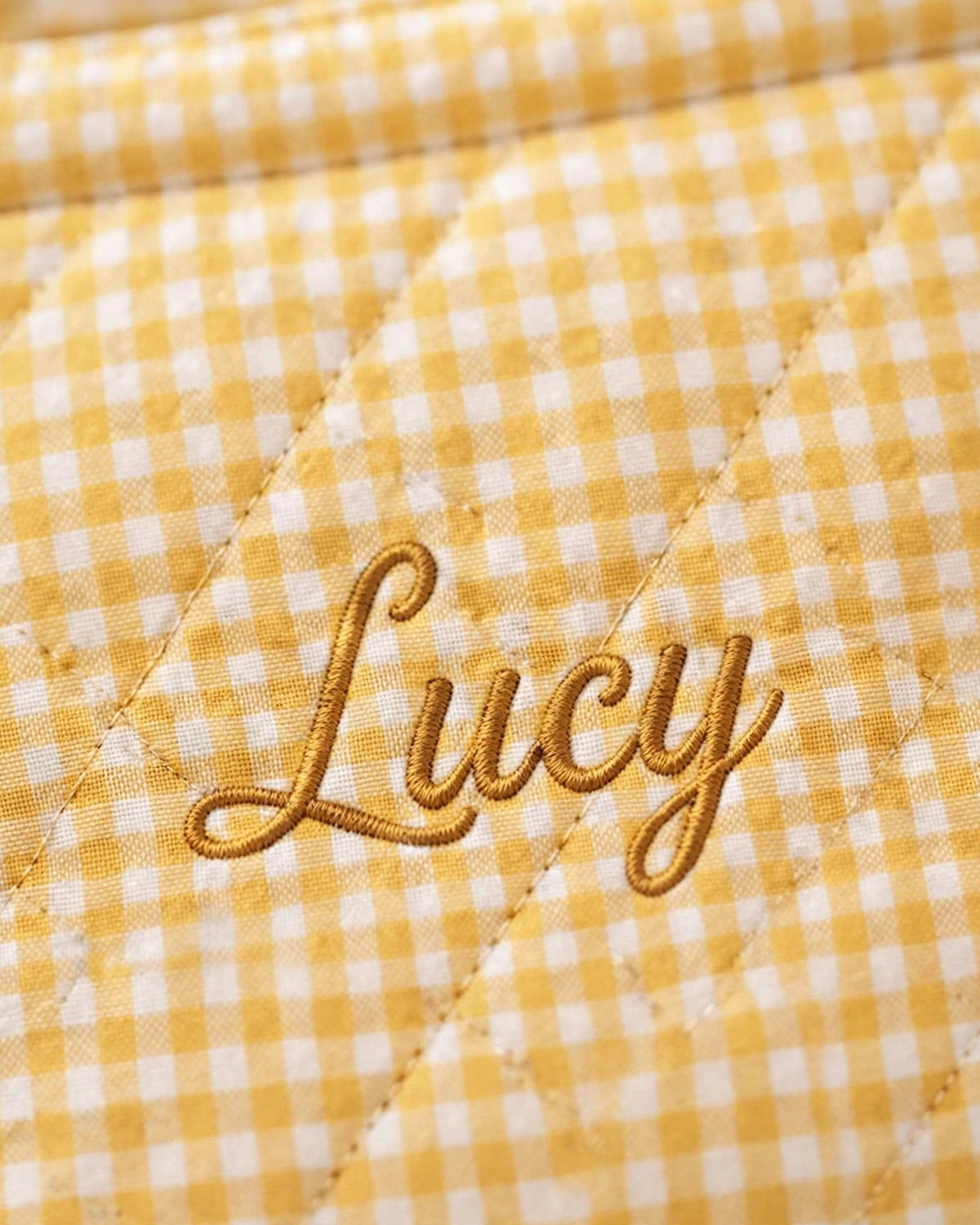 Custom Gingham Tote Bag – Yellow – embroidery close-up