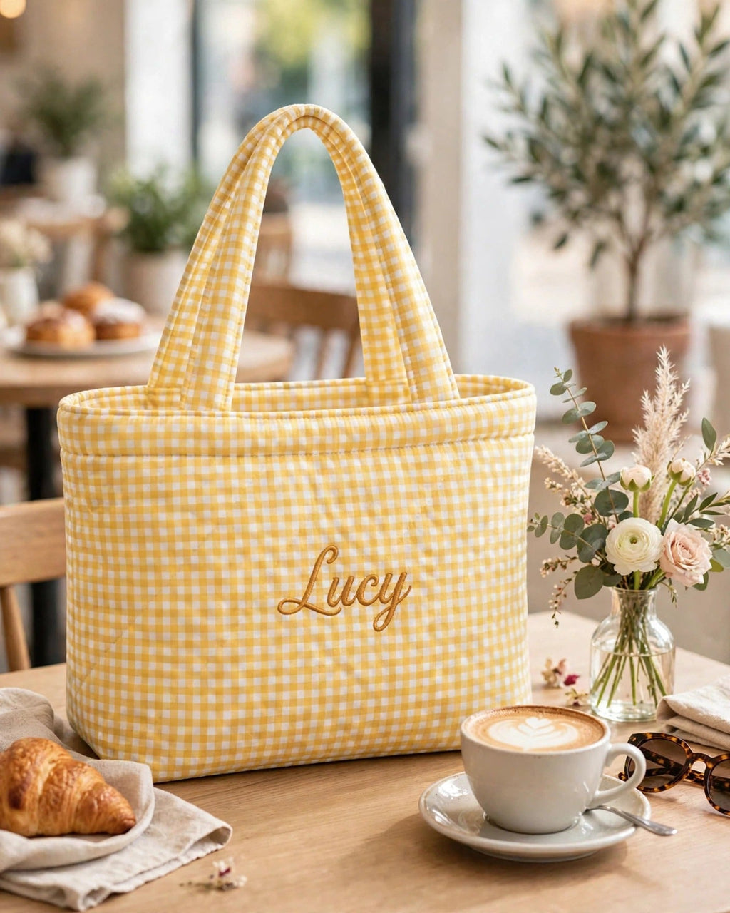 Custom Gingham Tote Bag – Yellow – styled lifestyle
