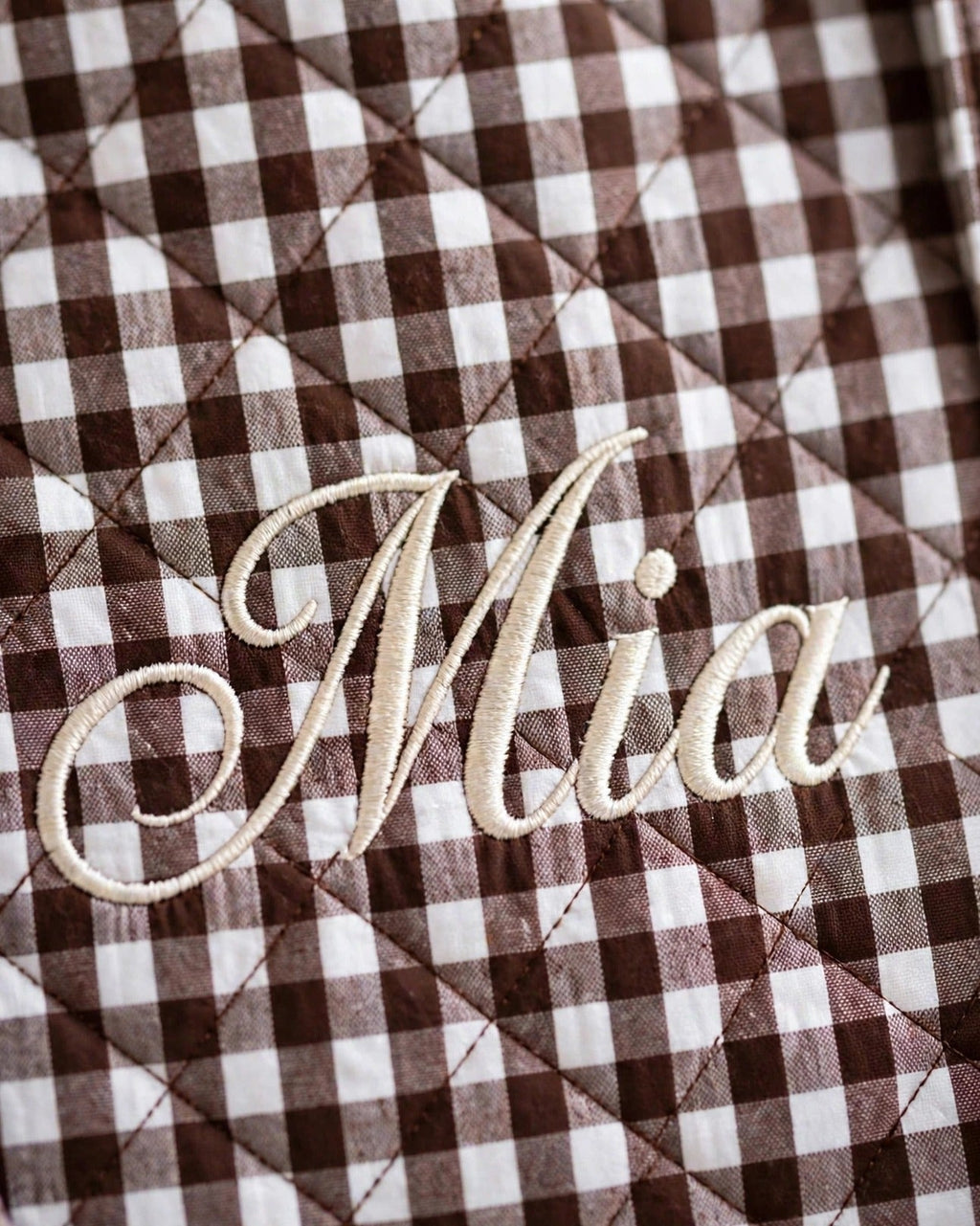 Custom Gingham Tote Bag – Brown – embroidery close-up