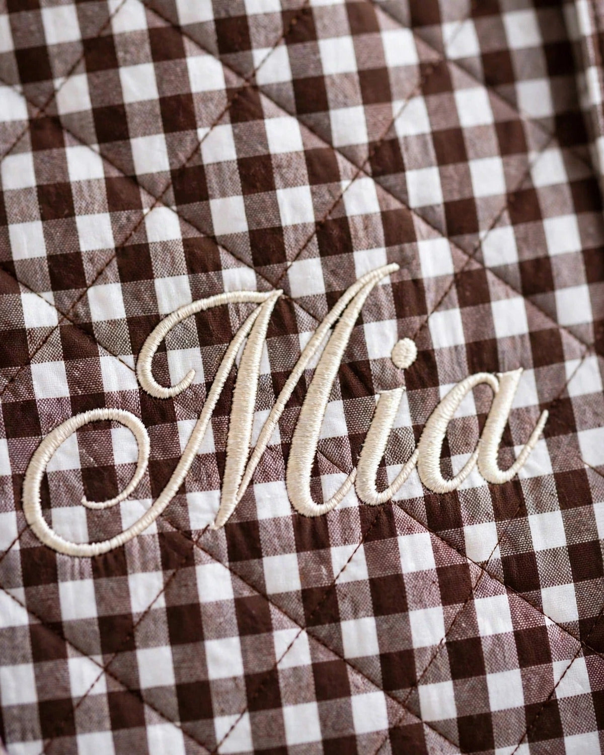 Custom Gingham Tote Bag – Brown – embroidery close-up