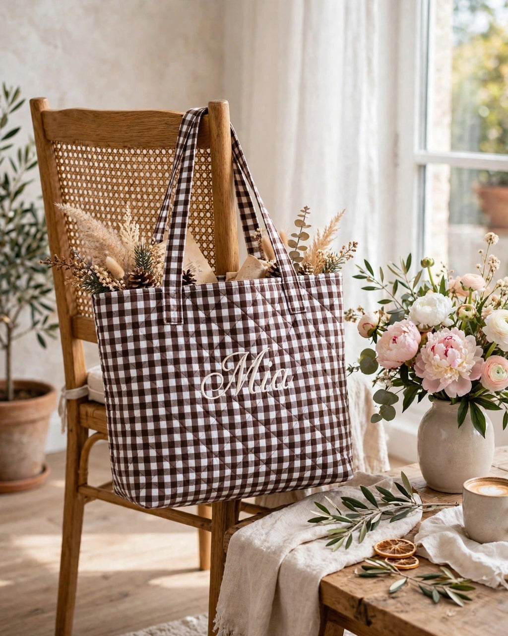 Custom Gingham Tote Bag – Brown – styled lifestyle