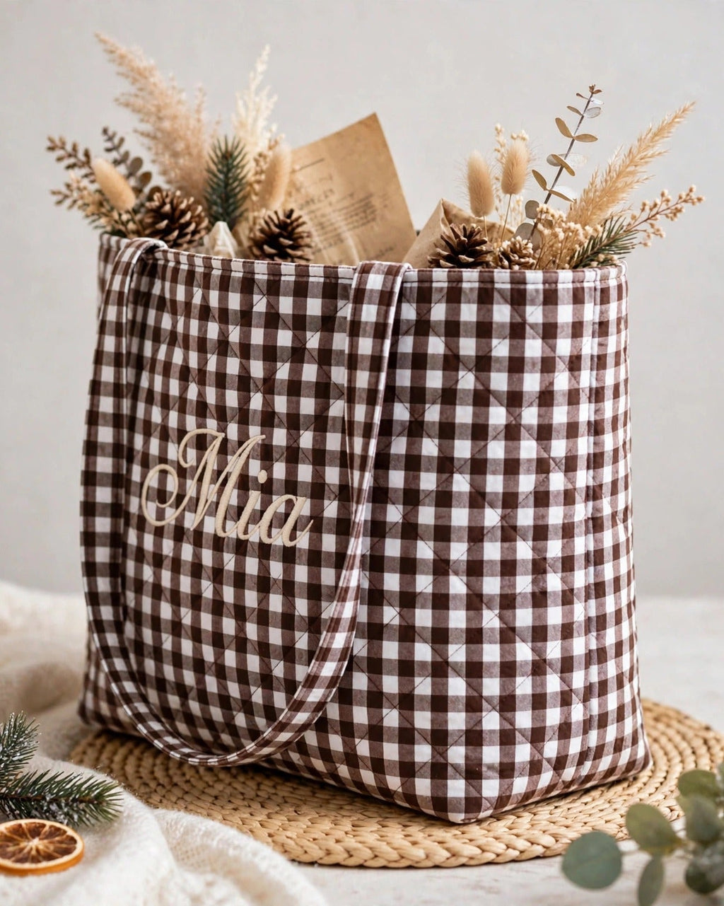 Custom Gingham Tote Bag – Brown – side view
